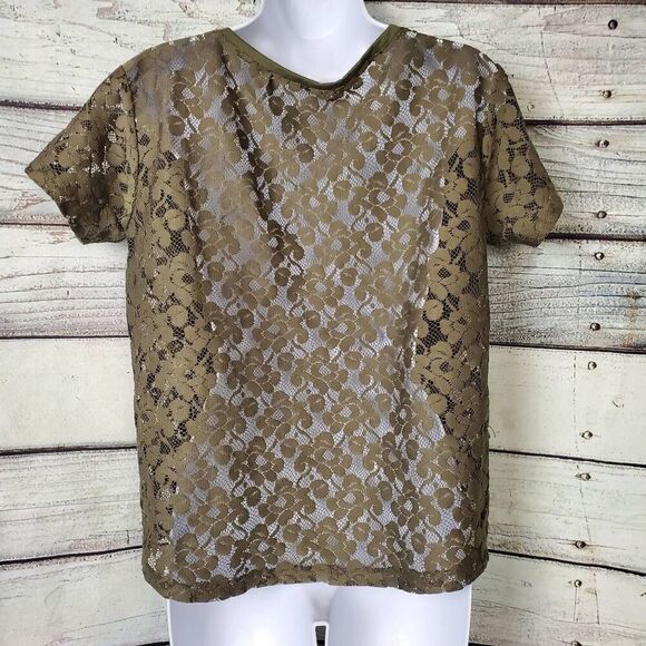 H&M Women’s Olive Green Sheer Floral Lace Short Sleeve Top Size M - Picture 3 of 5